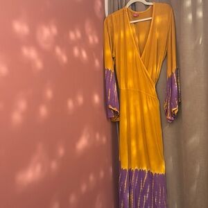 Yellow and Purple Plunge Neck Bishop Sleeve Gown